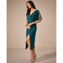 Outlet Women's Midi Dress Knit Dress Elegant Stylish Party Date Regular Fit Solid Color Short Sleeve V Neck Summer Women Cocktail Dress