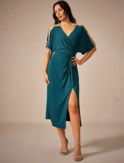 Hot Women's Midi Dress Knit Dress Elegant Stylish Party Date Regular Fit Solid Color Short Sleeve V Neck Summer Women Cocktail Dress