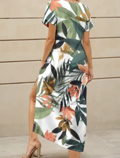 New Women's Midi Dress Knit Dress Casual Dress Sundress A Line Dress Elegant Vacation Casual Beach Regular Fit Floral Graphic Leaf Short Sleeve V Neck Yellow Pink Blue Purple Summer Spring Women Vacation Dresses