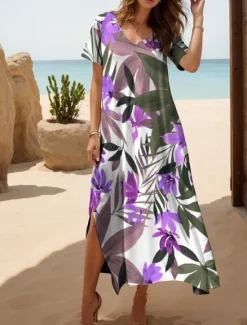 New Women's Midi Dress Knit Dress Casual Dress Sundress A Line Dress Elegant Vacation Casual Beach Regular Fit Floral Graphic Leaf Short Sleeve V Neck Yellow Pink Blue Purple Summer Spring Women Vacation Dresses