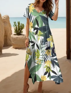 New Women's Midi Dress Knit Dress Casual Dress Sundress A Line Dress Elegant Vacation Casual Beach Regular Fit Floral Graphic Leaf Short Sleeve V Neck Yellow Pink Blue Purple Summer Spring Women Vacation Dresses