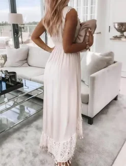 Outlet Women's Midi Dress Lace Dress Sundress Boho Dress White Boho Dress Bohemia Vacation Street Holiday Regular Fit Sleeveless V Neck Summer Women White Dresses