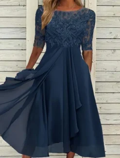 Discount Women's Midi Dress Lace Dress Cocktail Dress Wedding Guest Dress Chiffon Dress Elegant Formal Wedding Party Regular Fit Half Sleeve Crew Neck Blue Purple Green Summer Women Spring Dresses|Cocktail Dress
