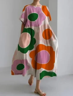 Discount Women's Midi Dress Linen-Inspired Dresses Casual Dress Cotton Linen Dress Elegant Stylish Casual Vacation Daily Date Loose Fit Graphic Short Sleeve Crew Neck Summer Spring Women Dresses