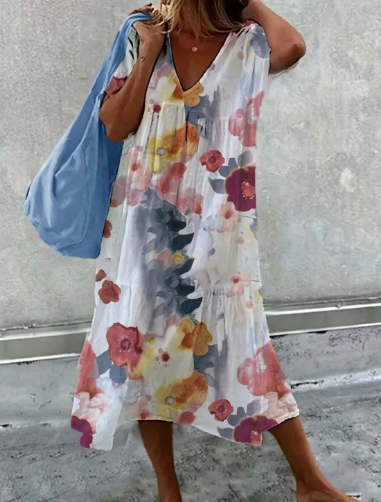 Sale Women's Midi Dress Linen-Inspired Dresses Jumper Dress Long Sleeve Boho Dress Elegant Bohemia Casual Vacation Home Daily Loose Fit Floral V Neck Pink Red Blue Summer Women Dresses