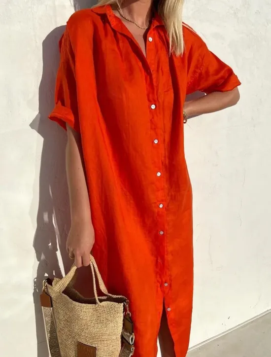 New Women's Midi Dress Linen-Inspired Dresses Shirt Dress Casual Dress Cotton Linen Dress Casual Daily Loose Fit Plain Short Sleeve Shirt Collar ArmyGreen Black Red Blue Summer Spring Fall Women Dresses