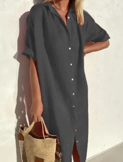 New Women's Midi Dress Linen-Inspired Dresses Shirt Dress Casual Dress Cotton Linen Dress Casual Daily Loose Fit Plain Short Sleeve Shirt Collar ArmyGreen Black Red Blue Summer Spring Fall Women Dresses