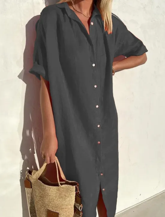 New Women's Midi Dress Linen-Inspired Dresses Shirt Dress Casual Dress Cotton Linen Dress Casual Daily Loose Fit Plain Short Sleeve Shirt Collar ArmyGreen Black Red Blue Summer Spring Fall Women Dresses