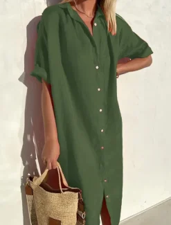 New Women's Midi Dress Linen-Inspired Dresses Shirt Dress Casual Dress Cotton Linen Dress Casual Daily Loose Fit Plain Short Sleeve Shirt Collar ArmyGreen Black Red Blue Summer Spring Fall Women Dresses
