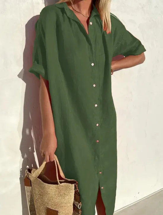 New Women's Midi Dress Linen-Inspired Dresses Shirt Dress Casual Dress Cotton Linen Dress Casual Daily Loose Fit Plain Short Sleeve Shirt Collar ArmyGreen Black Red Blue Summer Spring Fall Women Dresses