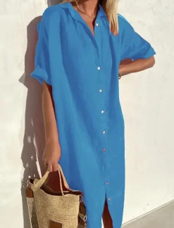 New Women's Midi Dress Linen-Inspired Dresses Shirt Dress Casual Dress Cotton Linen Dress Casual Daily Loose Fit Plain Short Sleeve Shirt Collar ArmyGreen Black Red Blue Summer Spring Fall Women Dresses