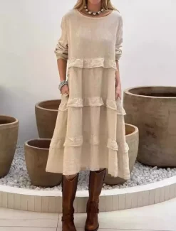 Outlet Women's Midi Dress Linen-Inspired Dresses Casual Dress Cotton Linen Dress Cotton Dress Basic Casual Vacation Daily Regular Fit Plain Long Sleeve Crew Neck Pink Green Apricot Summer Spring Women Dresses