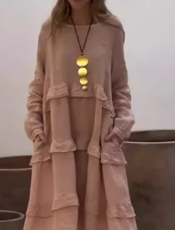 Outlet Women's Midi Dress Linen-Inspired Dresses Casual Dress Cotton Linen Dress Cotton Dress Basic Casual Vacation Daily Regular Fit Plain Long Sleeve Crew Neck Pink Green Apricot Summer Spring Women Dresses