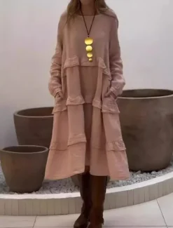 Outlet Women's Midi Dress Linen-Inspired Dresses Casual Dress Cotton Linen Dress Cotton Dress Basic Casual Vacation Daily Regular Fit Plain Long Sleeve Crew Neck Pink Green Apricot Summer Spring Women Dresses