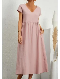 Best Women's Midi Dress Linen-Inspired Dresses Cotton Linen Dress Basic Classic Modern Vacation Daily Holiday Regular Fit Plain Short Sleeve V Neck Black Light Green Pink Army Green Summer Women Dresses