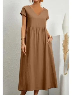 Best Women's Midi Dress Linen-Inspired Dresses Cotton Linen Dress Basic Classic Modern Vacation Daily Holiday Regular Fit Plain Short Sleeve V Neck Black Light Green Pink Army Green Summer Women Dresses