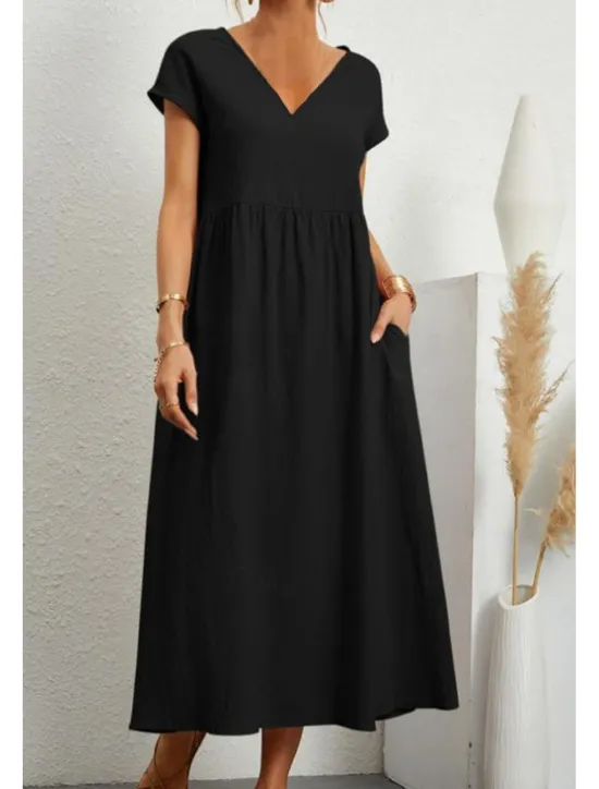 Best Women's Midi Dress Linen-Inspired Dresses Cotton Linen Dress Basic Classic Modern Vacation Daily Holiday Regular Fit Plain Short Sleeve V Neck Black Light Green Pink Army Green Summer Women Dresses