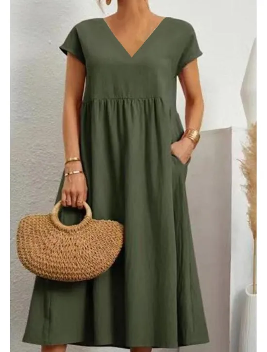 Best Women's Midi Dress Linen-Inspired Dresses Cotton Linen Dress Basic Classic Modern Vacation Daily Holiday Regular Fit Plain Short Sleeve V Neck Black Light Green Pink Army Green Summer Women Dresses