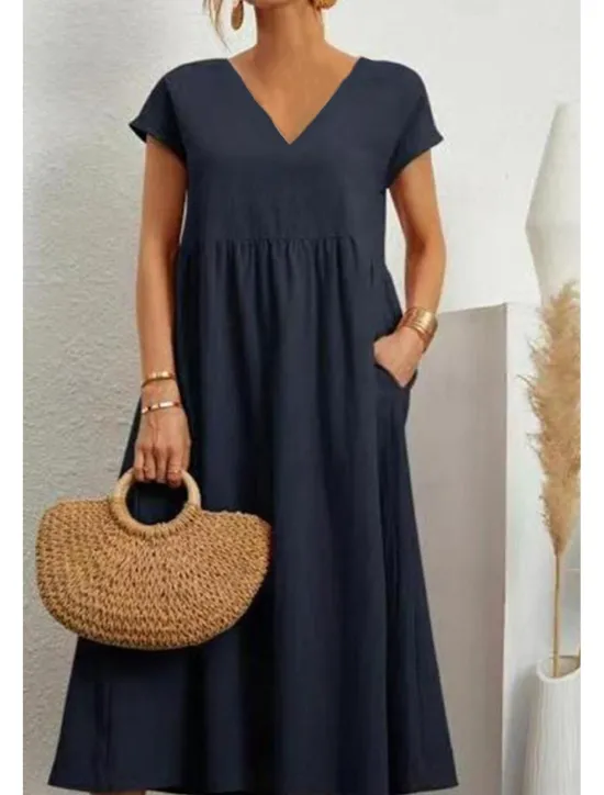 Best Women's Midi Dress Linen-Inspired Dresses Cotton Linen Dress Basic Classic Modern Vacation Daily Holiday Regular Fit Plain Short Sleeve V Neck Black Light Green Pink Army Green Summer Women Dresses