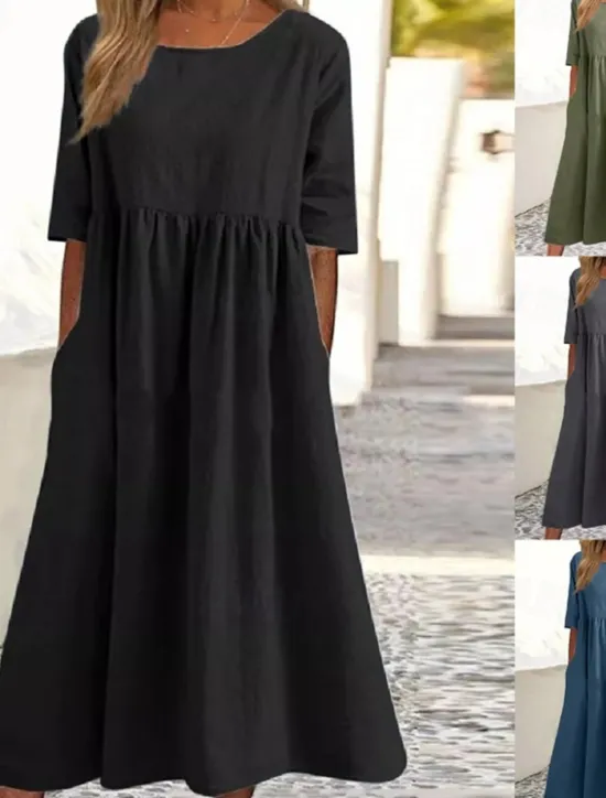 Hot Women's Midi Dress Linen-Inspired Dresses Casual Dress Cotton Linen Dress A Line Dress Stylish Casual Vacation Daily Date Regular Fit Plain Short Sleeve Crew Neck Black Army Green Dark Gray Summer Women Dresses