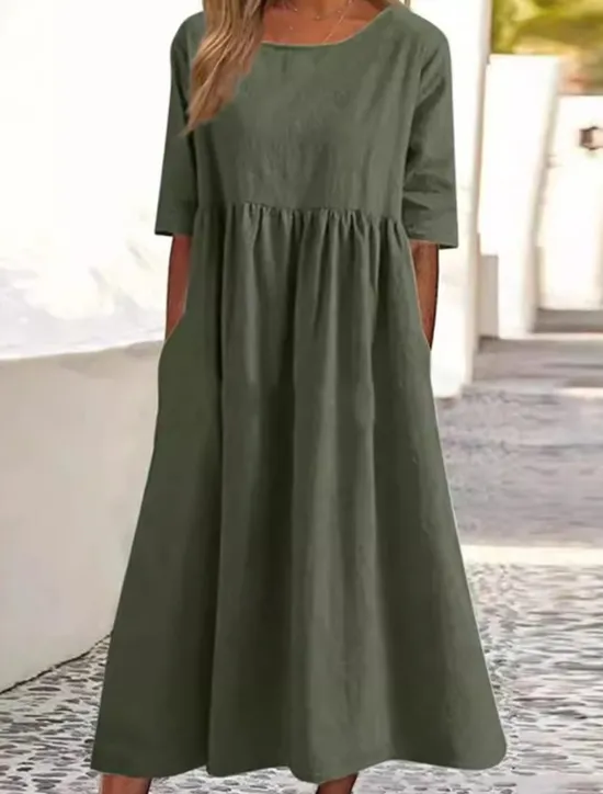 Hot Women's Midi Dress Linen-Inspired Dresses Casual Dress Cotton Linen Dress A Line Dress Stylish Casual Vacation Daily Date Regular Fit Plain Short Sleeve Crew Neck Black Army Green Dark Gray Summer Women Dresses