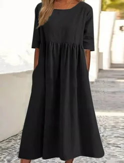 Hot Women's Midi Dress Linen-Inspired Dresses Casual Dress Cotton Linen Dress A Line Dress Stylish Casual Vacation Daily Date Regular Fit Plain Short Sleeve Crew Neck Black Army Green Dark Gray Summer Women Dresses