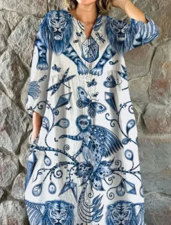 Discount Women's Midi Dress Linen-Inspired Dresses Shirt Dress Casual Dress Elegant Stylish Casual Vacation Daily Date Loose Fit Floral Long Sleeve Crew Neck Red Blue Dark Green Green Spring Fall Women Dresses|Spring Dresses