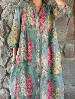 Discount Women's Midi Dress Linen-Inspired Dresses Shirt Dress Casual Dress Elegant Stylish Casual Vacation Daily Date Loose Fit Floral Long Sleeve Crew Neck Red Blue Dark Green Green Spring Fall Women Dresses|Spring Dresses
