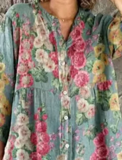Discount Women's Midi Dress Linen-Inspired Dresses Shirt Dress Casual Dress Elegant Stylish Casual Vacation Daily Date Loose Fit Floral Long Sleeve Crew Neck Red Blue Dark Green Green Spring Fall Women Dresses|Spring Dresses
