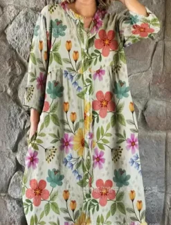Discount Women's Midi Dress Linen-Inspired Dresses Shirt Dress Casual Dress Elegant Stylish Casual Vacation Daily Date Loose Fit Floral Long Sleeve Crew Neck Red Blue Dark Green Green Spring Fall Women Dresses|Spring Dresses