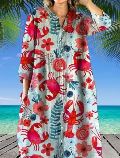 Discount Women's Midi Dress Linen-Inspired Dresses Shirt Dress Casual Dress Elegant Stylish Casual Vacation Daily Date Loose Fit Floral Long Sleeve Crew Neck Red Blue Dark Green Green Spring Fall Women Dresses|Spring Dresses