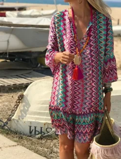 New Women's Midi Dress Long Sleeve Boho Dress Boho Dress Beach Dress Bohemia Modern Casual Flare Cuff Sleeve Outdoor Vacation Daily Loose Fit Color Block Long Sleeve V Neck Summer Spring Women Spring Dresses