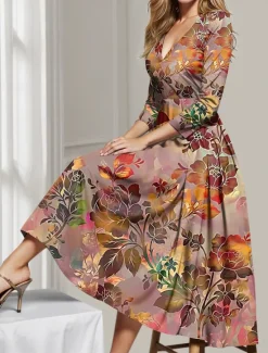 New Women's Midi Dress Party Dress Cocktail Dress Wedding Guest Dress Swing Dress Fashion Party Modern Formal Winter Dress Vacation Regular Fit Floral 3/4 Length Sleeve Deep V Red Blue Green Spring Fall Women Spring Dresses|Cocktail Dress