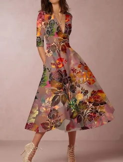 New Women's Midi Dress Party Dress Cocktail Dress Wedding Guest Dress Swing Dress Fashion Party Modern Formal Winter Dress Vacation Regular Fit Floral 3/4 Length Sleeve Deep V Red Blue Green Spring Fall Women Spring Dresses|Cocktail Dress