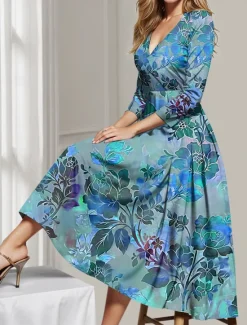 New Women's Midi Dress Party Dress Cocktail Dress Wedding Guest Dress Swing Dress Fashion Party Modern Formal Winter Dress Vacation Regular Fit Floral 3/4 Length Sleeve Deep V Red Blue Green Spring Fall Women Spring Dresses|Cocktail Dress