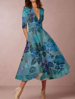 New Women's Midi Dress Party Dress Cocktail Dress Wedding Guest Dress Swing Dress Fashion Party Modern Formal Winter Dress Vacation Regular Fit Floral 3/4 Length Sleeve Deep V Red Blue Green Spring Fall Women Spring Dresses|Cocktail Dress