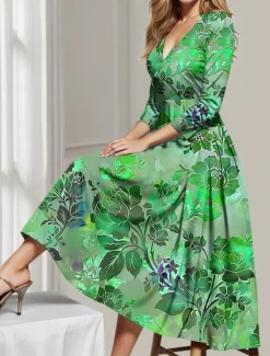 New Women's Midi Dress Party Dress Cocktail Dress Wedding Guest Dress Swing Dress Fashion Party Modern Formal Winter Dress Vacation Regular Fit Floral 3/4 Length Sleeve Deep V Red Blue Green Spring Fall Women Spring Dresses|Cocktail Dress