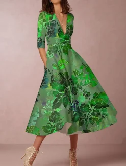 New Women's Midi Dress Party Dress Cocktail Dress Wedding Guest Dress Swing Dress Fashion Party Modern Formal Winter Dress Vacation Regular Fit Floral 3/4 Length Sleeve Deep V Red Blue Green Spring Fall Women Spring Dresses|Cocktail Dress