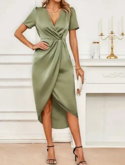 Hot Women's Midi Dress Party Dress Cocktail Dress Satin Dress Elegant Fashion Romantic Wedding Party Wedding Guest Regular Fit Plain Short Sleeve V Neck Black Champagne Wine Green Summer Women Cocktail Dress