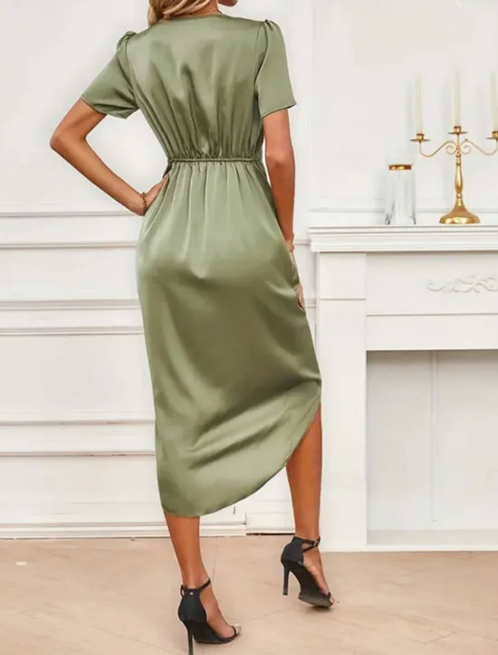 Hot Women's Midi Dress Party Dress Cocktail Dress Satin Dress Elegant Fashion Romantic Wedding Party Wedding Guest Regular Fit Plain Short Sleeve V Neck Black Champagne Wine Green Summer Women Cocktail Dress