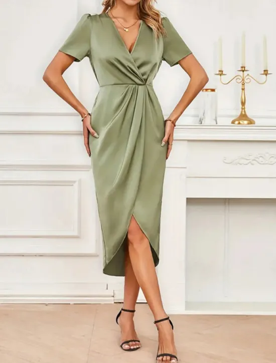 Hot Women's Midi Dress Party Dress Cocktail Dress Satin Dress Elegant Fashion Romantic Wedding Party Wedding Guest Regular Fit Plain Short Sleeve V Neck Black Champagne Wine Green Summer Women Cocktail Dress