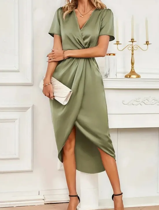 Hot Women's Midi Dress Party Dress Cocktail Dress Satin Dress Elegant Fashion Romantic Wedding Party Wedding Guest Regular Fit Plain Short Sleeve V Neck Black Champagne Wine Green Summer Women Cocktail Dress
