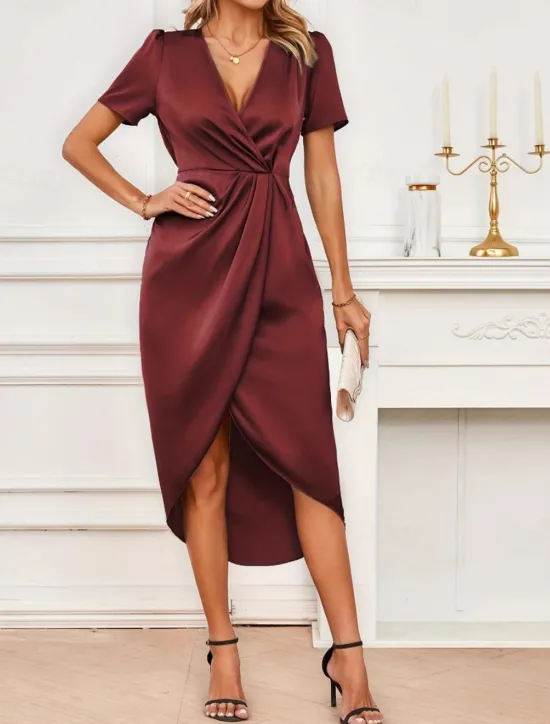 Hot Women's Midi Dress Party Dress Cocktail Dress Satin Dress Elegant Fashion Romantic Wedding Party Wedding Guest Regular Fit Plain Short Sleeve V Neck Black Champagne Wine Green Summer Women Cocktail Dress