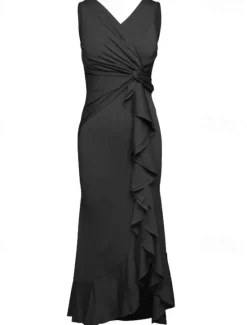 Hot Women's Midi Dress Party Dress Cocktail Dress Wedding Guest Dress Elegant Fashion Wedding Party Special Occasion Regular Fit Plain Sleeveless V Neck Black Wine Red Navy Blue Summer Women Cocktail Dress