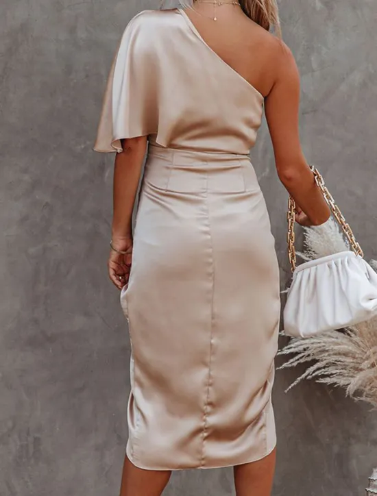 Best Women's Midi Dress Party Dress Cocktail Dress Satin Dress Semi Formal Dress Fashion Party Stylish Formal Vacation Office Regular Fit Pure Color Short Sleeve One Shoulder Black Gold Dark Blue Spring Women Cocktail Dress