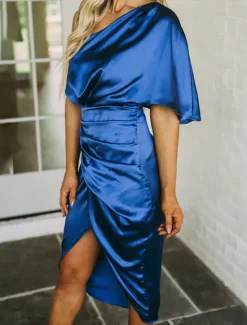 Best Women's Midi Dress Party Dress Cocktail Dress Satin Dress Semi Formal Dress Fashion Party Stylish Formal Vacation Office Regular Fit Pure Color Short Sleeve One Shoulder Black Gold Dark Blue Spring Women Cocktail Dress