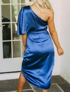 Best Women's Midi Dress Party Dress Cocktail Dress Satin Dress Semi Formal Dress Fashion Party Stylish Formal Vacation Office Regular Fit Pure Color Short Sleeve One Shoulder Black Gold Dark Blue Spring Women Cocktail Dress