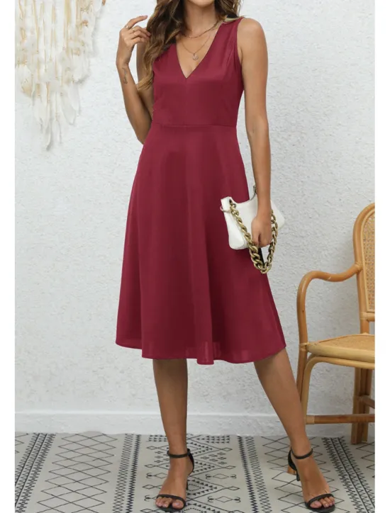 Discount Women's Midi Dress Party Dress Cocktail Dress Fashion Party Birthday Date Regular Fit Plain Sleeveless V Neck Black Wine Blue Dark Green Summer Women Cocktail Dress