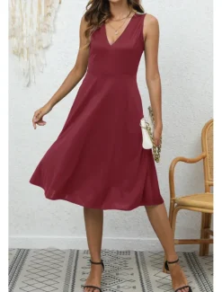 Discount Women's Midi Dress Party Dress Cocktail Dress Fashion Party Birthday Date Regular Fit Plain Sleeveless V Neck Black Wine Blue Dark Green Summer Women Cocktail Dress