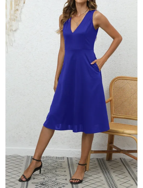 Discount Women's Midi Dress Party Dress Cocktail Dress Fashion Party Birthday Date Regular Fit Plain Sleeveless V Neck Black Wine Blue Dark Green Summer Women Cocktail Dress